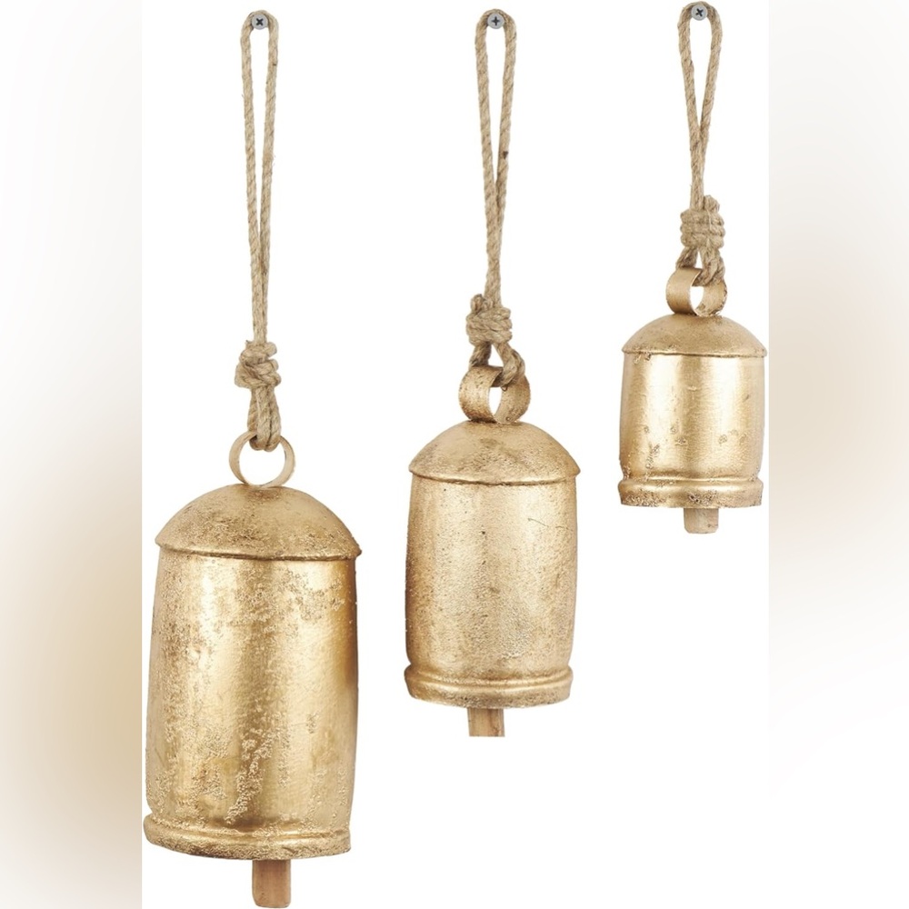 3 Pc Cow Bell Set Deco 79 Metal Tibetan Inspired Decorative Hanging with Jute